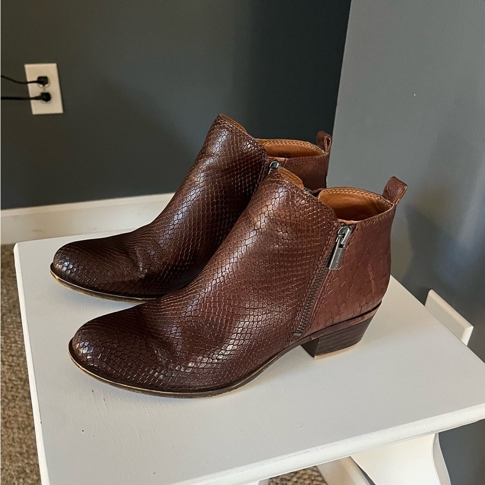 Lucky Brand Basel Roasted Leather Ankle Bootie Boot Faux Snake Brown Sz 8.5M GUC - Picture 3 of 11